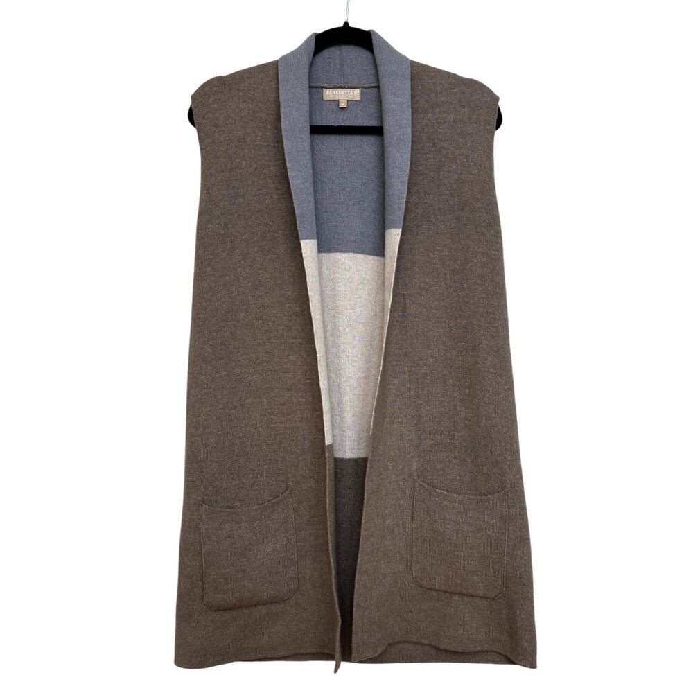 Benedetta B Sleeveless Open Front Vest Brown Gray Sz Medium Merino Wool Blend